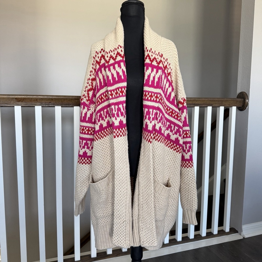 Lane Bryant Plus Size 18/20 Shawl Collar Fair Isle Cardigan Beige Fisherman